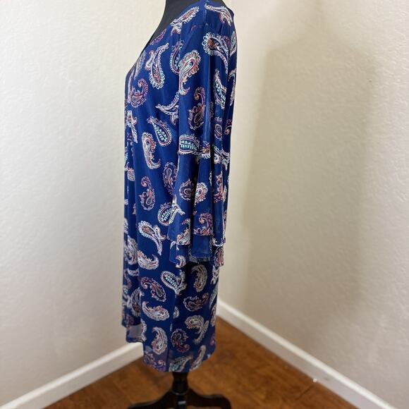 Allison Brittney Blue Paisley Bell Sleeve Chiffon Dress PL Petite Lined - Picture 4 of 8